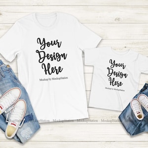 Mommy And Me White Tshirt Mockup, Matching Family T-Shirts Mock Up, Unisex Parents Toddler Shirt