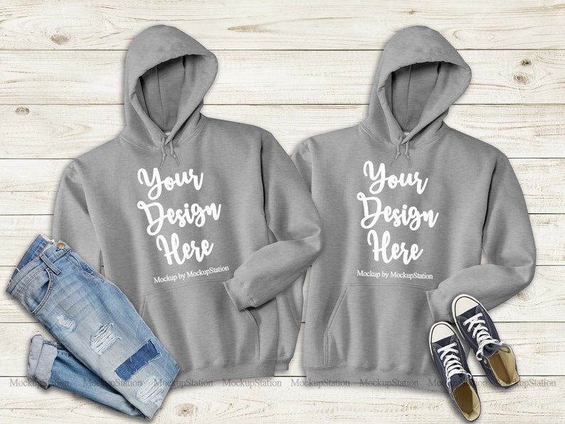 Download Matching Sport Grey Hoodie Mock Up Couple Gildan 18500 ...