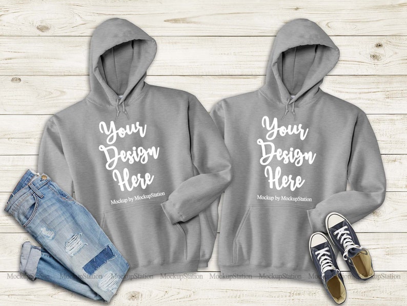 Download Matching Sport Grey Hoodie Mock Up Couple Gildan 18500 ...