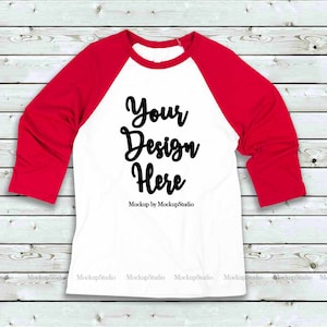Rouge blanc maquette Raglan, Baseball Shirt maquettes, Lay Flat Raglan Tee femme unisexe jeunes Jersey bois de fond plat laïcs, hommes vêtements