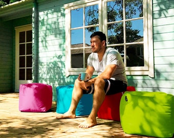 Indoor/Outdoor Cube Bean Bag Footrest | Pre-Filled Family Friendly Footstool | Water UV Resistant Vibrant Colours | 38x38 cm