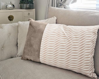 Printed Linen Look & Velvet Cut Off Cushion - Living Room, Bedroom, Lounge Home Decor Throw Filled Fibre Inner - Machine Washable - 60x40cm