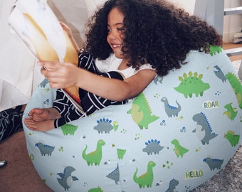 Printed Hello Dino Mini-Slouch Beanbag | Kids Pre-Filled Beanbag chair | Matching Footstool Available | Machine Washable | 80 (W) x 60 (H)cm
