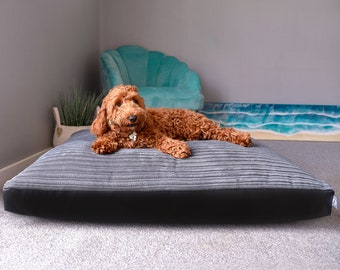 Medium Jumbo Cord Dog Bed | Add Personalisation | Warm Fluff Filled, Reversible, Water Resistant Cool Side |  93 (L) x 68 (W) x 26 (H) cm