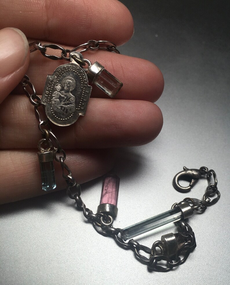 Video Genuine Solid Sterling Silver Tourmaline Charm Bracelet wSt Joseph /& Guardian Angel Medal