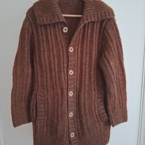 Handknit Wool Cardigan, Vintage Oversized Brown Chunky Knit with Wooden Buttons, Cottagecore Nordic Handmade Sweater Coat
