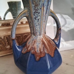 ALPHO Vase Model 292 by Alphonse Mouton, French Art Pottery 1930s, Blue Brown Drip Glaze Double Handle Studio Ceramic Decor
