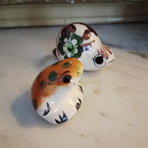 Tonala Ceramic Frog and Snail, Vintage Hand Painted Mexican Folk Art Animals, Small Pottery Figures Boho Shelf Decor Gift