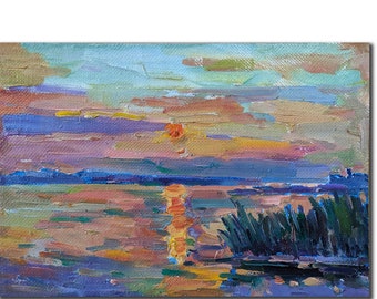 RIVER LANDSCAPE Original oil painting by Ukraine artist P.Dobrev, Sunset over the river, Riverscape, River bank, One of a kind art, 1990s