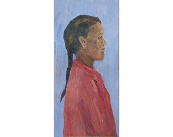 VINTAGE FEMALE PORTRAIT Original oil painting by Ukraine artist M.Lyzohub 1970s, Portrait of young girl, Realism, Realist Style