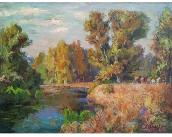 PAISAJE FLUVIANO Pintura al óleo original sobre lienzo del artista ucraniano A. Olkhov Cabalgata sobre el río Obra de arte única Obra de arte de la naturaleza
