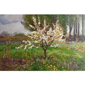 VINTAGE LANDSCAPE Original oil painting by Ukraine artist A. Zhezher Blooming tree 1980s One of a kind art, Collectible piece, Nature spring