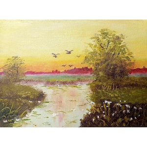 RIVER LANDSCAPE Original oil painting by Ukraine artist B.Rybets, Sunset over the river, 1970s, Retro Riverscape, Art collectible