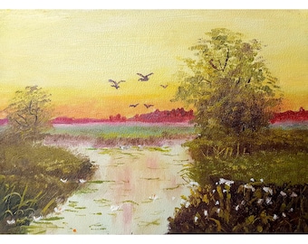Vintage River Landscape Oil Painting: Sunset Riverscape, 1970s Art