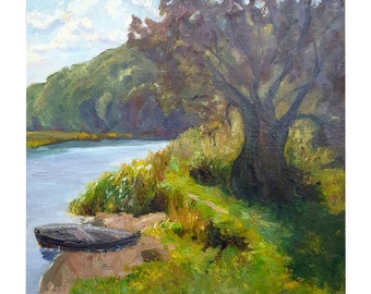 Vintage Original Oil Painting Summer river landscape by Ukrainian artist V.Gnatyuk, Trees on the river bank, Riverscape, River wall art work