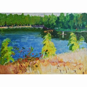 SUMMER LANDSCAPE Original oil painting by Unknown Ukraine artist Lake in the forest, 1980s, One of a kind art  Summer Day