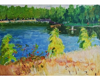 Vintage zomerlandschapsolieverfschilderij: Lake Forest Art, jaren 80