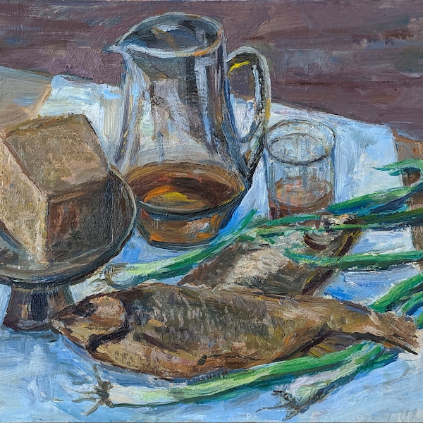 VINTAGE STILL LIFE Original Oil Painting by Soviet Ukrainian artist S.Zvezdin 1986 Fried fish and jug of wine wall art work Impressionist