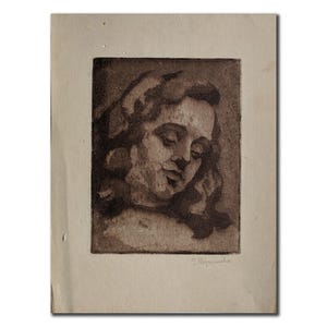 RITRATTO VINTAGE LINOCUT Dipinto originale vintage su carta dell'artista ucraino sovietico G. Pushnikova, Testa di ragazza, stile retrò anni '60
