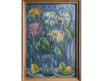 Vintage Floral Still Life Oil Painting, Framed Flower & Pear Art, Original Wall Decor