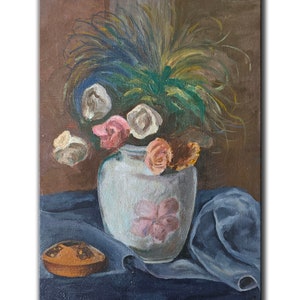 BODEGÓN DE FLORES Pintura al óleo original vintage del artista ucraniano soviético V.Slovokhotov, década de 1960, obra de arte impresionista única y firmada