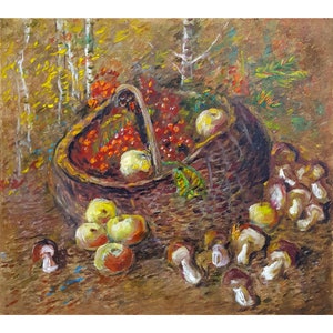 Natureza Morta VINTAGE Pintura a Óleo Original do Artista Ucraniano P.Bredyuk 1995 Cesta com presentes da floresta, arte de parede