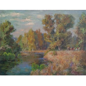 RIVER LANDSCAPE Original oil painting jn canvas by Ukraine artist А.Olkhov Horseback riding over the river One of a kind art Nature Artwork