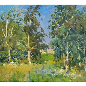 May include: An oil painting showing a landscape with tall trees and a grassy foreground. The trees have green foliage and white bark, set against a blue sky. The brushstrokes create a textured, impressionistic effect, capturing the essence of a natural scene.