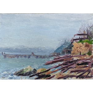SEA LANDSCAPE Vintage Original Oil Painting by Ukraine artist R.Reshetov, 1986, Seascape, Pier, Beach, Seashore, One of a Kind small artwork