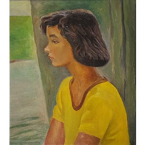 VINTAGE FEMALE PORTRAIT Original oil painting by Ukraine artist T.Krasnaya 1970s One of a kind art Portrait of young girl Retro Artwork