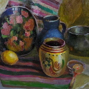 Vintage original oil painting Still life with dishes by Ukraine artist I.Yukhno, 1969,  Still life painting, Retro Style, Kitchen still life