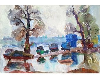 Dipinto ad olio ucraino d'epoca, barche sul fiume Dnepr, firmato T. Krasnaya