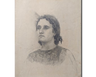 Antique original pencil drawing on paper by Ukrainian artist G.Pushnikova, 1960s, Portrait drawing, Portrait of a woman, Female portrait