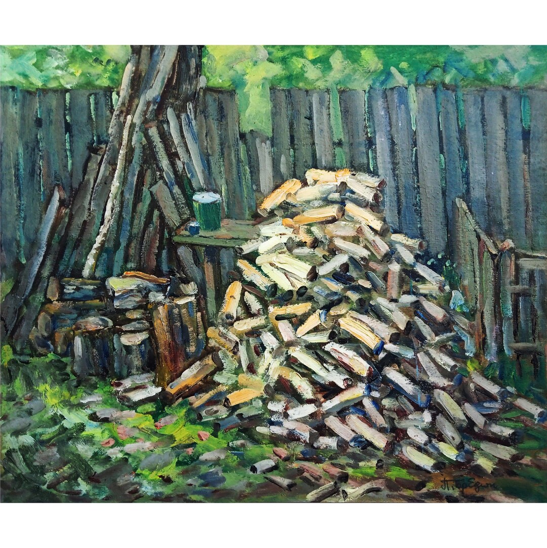 Piling Artist Original Oil Painting, Wood Pile Art, Rustic Landscape, Impasto Style ...