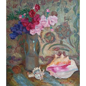 FLOWERS STILL LIFE Vintage Original Oil Painting on canvas by Ukrainian artist A.Olkhov Still life with shells, 1983, Impressionist art