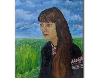Ukrainian Girl Portrait, Vintage Oil Painting on Canvas, 23.6x19.7"