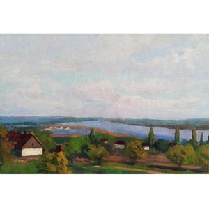 RIVER LANDSCAPE Original oil painting by Ukraine artist Ya.Kalatsyuk, Village by the river, Riverscape, One of a kind art, Peaceful Nature