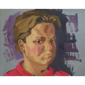 RETRATO VINTAGE DE UN HOMBRE Pintura al óleo original de un artista ucraniano desconocido Retrato de un joven con camisa roja Arte figurativo Bellas Artes