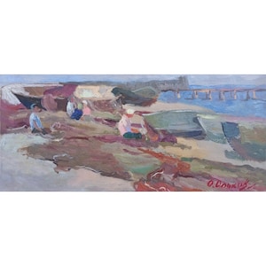 May include: An oil painting depicting a coastal scene with several figures working near boats on a sandy shore. The composition features muted tones of blue, brown, and green, with a wooden pier extending into the water. The artist's signature is visible in red in the bottom right corner.