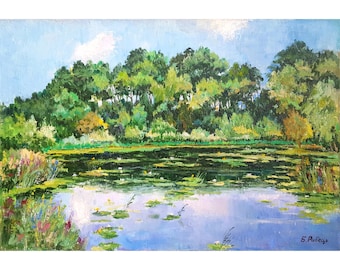 Pintura a óleo vintage: Lagoa com nenúfares, paisagem fluvial por B. Rybets