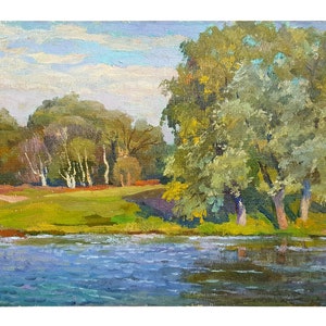 Vintage River Landscape Oil Painting by A.Olkhov - 1986