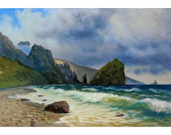 Vintage olieverfschilderij zeegezicht: rotsachtige kust, golven, meeuwen, jaren 1990