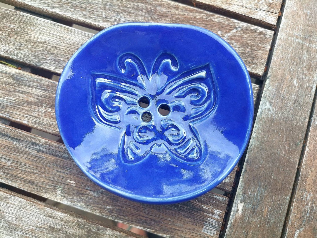Ceramic Blue Soap Dish/blue Soap Tray/pottery Soap Dish/butterfly Soap