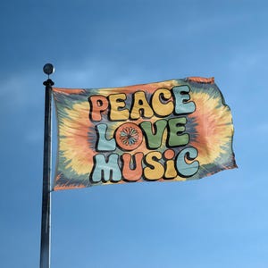 Bandera tie-dye de Paz, Amor y Música – Vibrante pancarta de poliéster