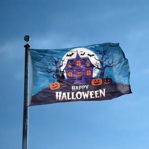 Bandiera Fantasma 3x5ft Per Esterno Casa Giardino - Happy Halloween Viola Con Casa Stregata