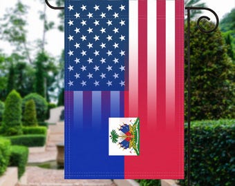 Drapeau de jardin haïtiano-américain - 100 % polyester, 30 x 45 cm, décoration d'extérieur résistante aux intempéries