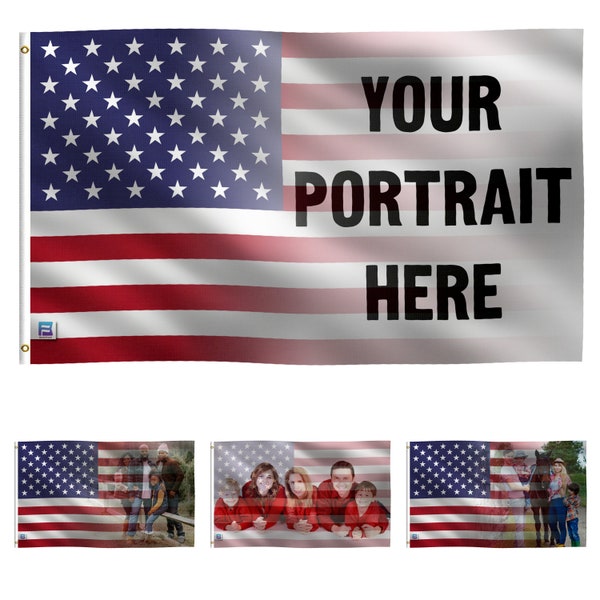 Mélange de portrait de famille et de drapeau américain personnalisés - 100 % polyester, oeillets en laiton, bannière intérieur/extérieur patriotique