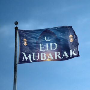Bandeira Eid Mubarak 3 x 5 pés - 100% poliéster, ilhós de latão, para ambientes internos e externos, banner de dupla ou única face