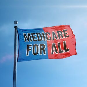 May include: A flag bearing the text "MEDICARE FOR ALL" in bold black lettering. The flag is split vertically, with a blue section on the left and a red section on the right. The flag is displayed against a clear, azure sky.