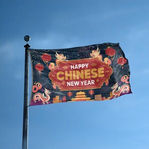 Happy Chinese New Year Flag 3x5 ft - 100% Polyester, Brass Grommets, Indoor Outdoor, Double or Single Sided Banner